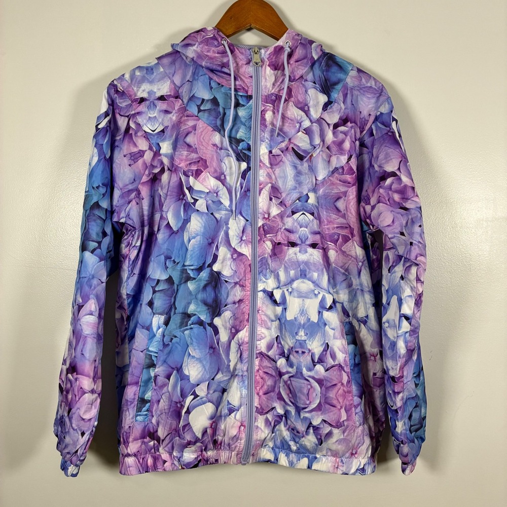 Nanette Lepore Windbreaker S Purple Hydrangea Floral Zip Hood Jacket Spring